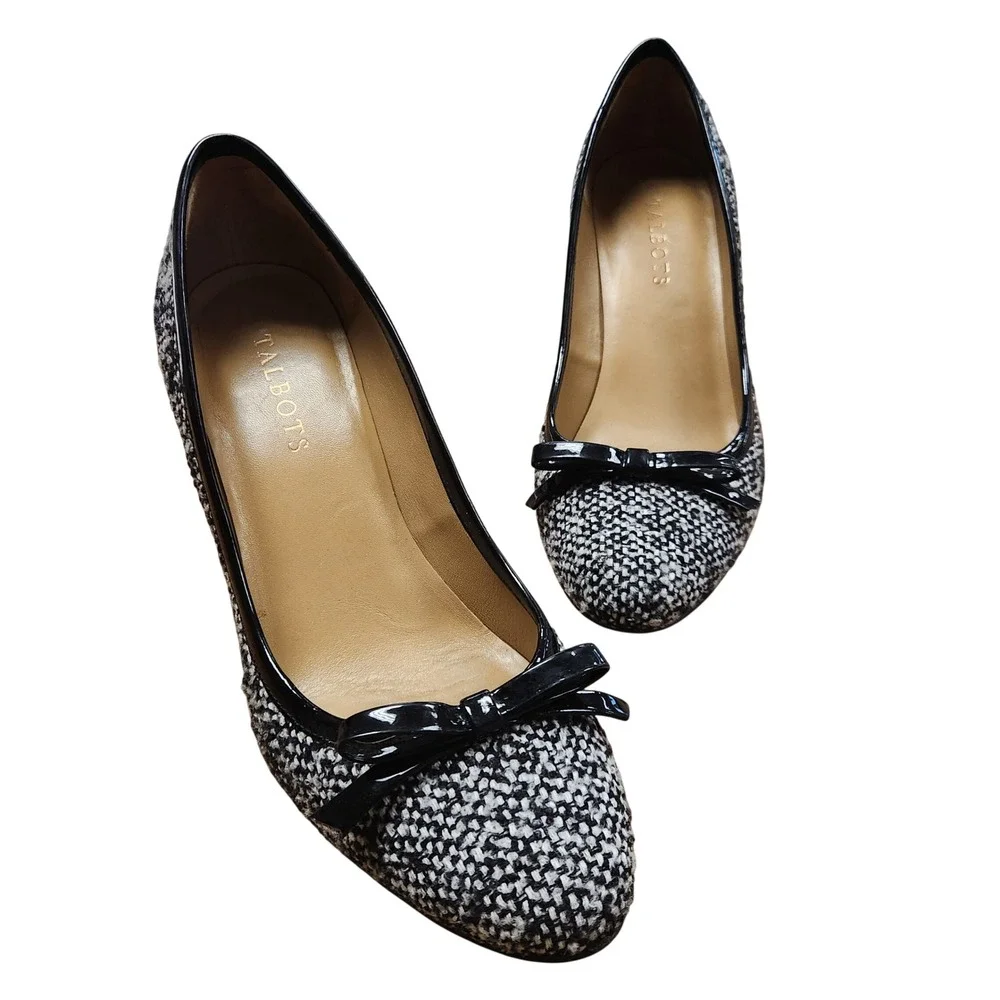 Talbots Black White Tweed Bow Pumps Heels Leather Sole Size 9M Womens Dress Shoe